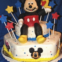 Mickey Mouse Mickey is made out of Pound cake mix his arms and legs are RKT covered in fondant.stars and the number 2 are fondant. .. Bottom 2 tier is...