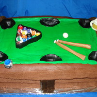 Pool Table chocolate cake covered with BCF , the rack,pool sticks ,cue and beer mug where made out of fondant.not to happy with it but i guess its not...
