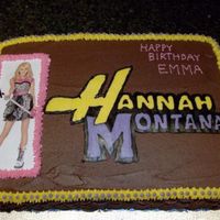 Hannah Montana Chocolate cake with chocolate frosting. Hannah is a laminated picture placed on the cake