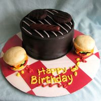 Bbq Grill Cake WASC with vanilla buttercream and chocolate fondant. Burgers on the grill are flattened cake balls, hot dog is fondant. Cheeseburger...