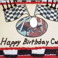 Birthday Cake For Race Car Driver Birthday cake I made for my son's 8th birthday. He races quarter midgets. Picture of him in his race car is an icing image purchased...
