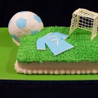 Soccer Score! Soccer ball cake covered in Fondant, Grass "field", Fondant jersey & candy net.