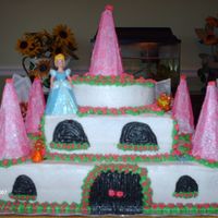 1St Castle Cake This was my first try at a castle cake. It was a 3 tiered yellow cake covered in all buttercream. The cinderella, and mice were toys.