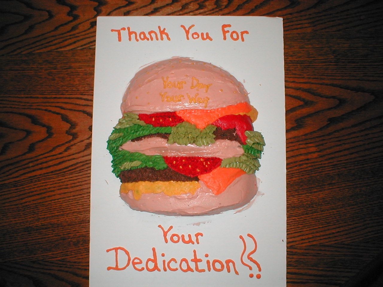 Hamburger This was a burger my daughter wanted for teacher appreciation day. Wilton pan, chocolate cake, bc frosting.