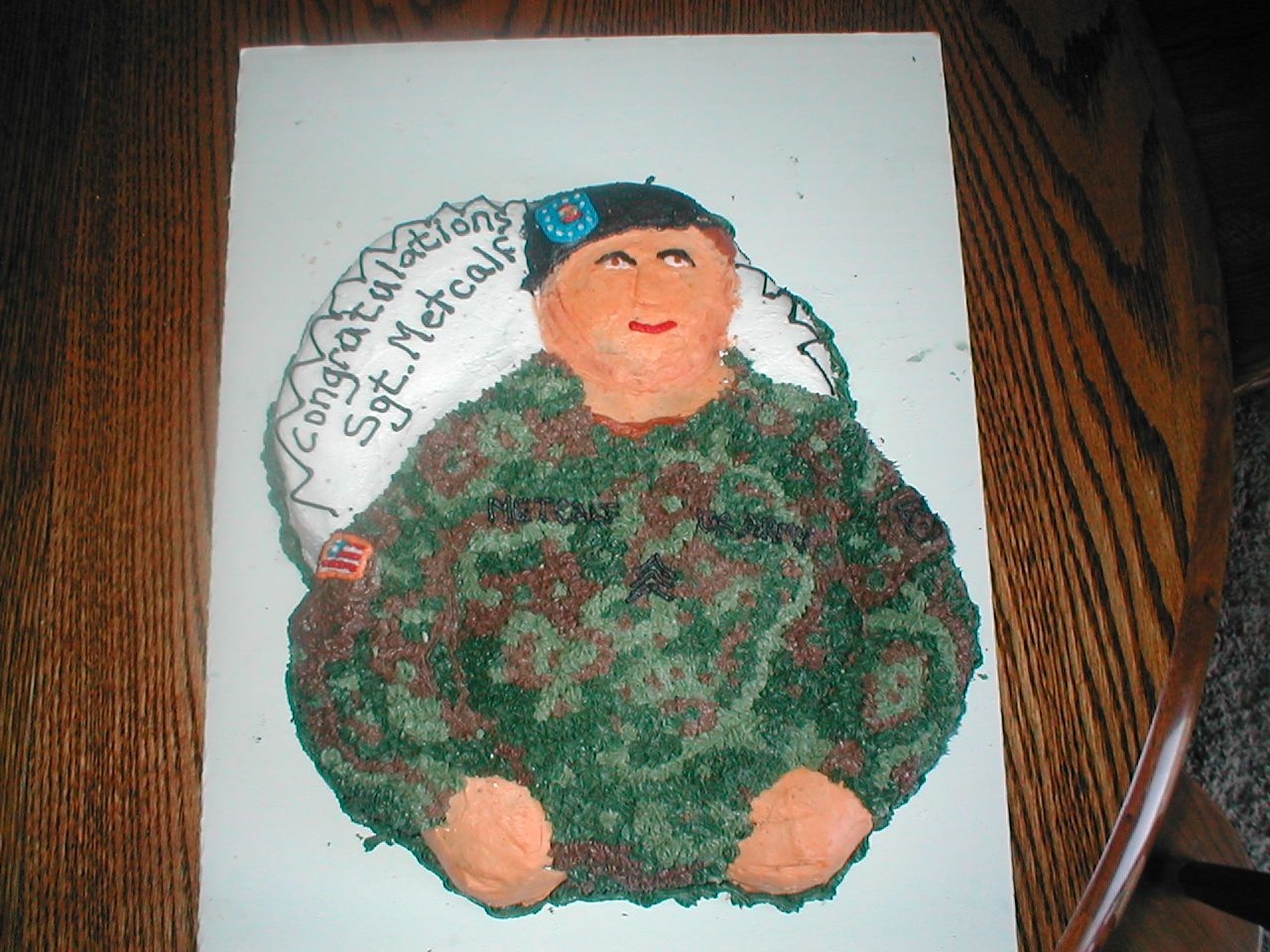 E5 Promotion, This is a cake I made for my husbands E5 promotion. It is hard to make the new ACU's. Yellow cake w/ b/c frosting. Thanks for looking...