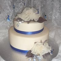 Ivory & Electric Blue last minute wedding cake order, the colors are ivory and electric blue for the wedding so this is what i came up with. the flowers are a...