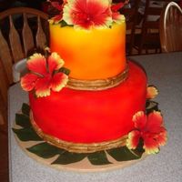 Hawaiian/tropical Birthday Cake Airbrushed the colors and painted the fondant around the cake to look like bambo!
