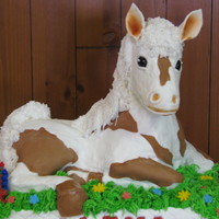 3D Horse B-Day Cake First try at a 3D horse cake. The head and legs are RK treats (first try working with also). The ears, eyes and spots are fondant. The...