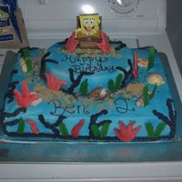 Spongebob After getting some sleep I decided to try and lift the fondant and chocolate decorations off and spray the cake down w/ the blue mist color...