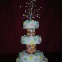 Dscn0621.jpg 3 tier polka dot cake with dolly mixtures between tiers