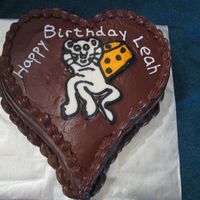 Mouse Heart Chocolate cake, chocolate syrup frosting, FBCT mouse. For a party at Chuck E. Cheese - I told the mother I couldn't do a copyrighted...