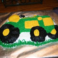 John Deere Tractor I used the Wilton Tractor Pan and Buttercream frosting. Not my best effort but my 2 year old son loved it!!