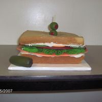 Baloney Sandwich butter pecan cake for wheat bread, bc mayo, fondant veggies. Nightmare cake, family loved it.