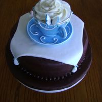 Blue Teacup Cake A Blue Teacup a top of a chocolate fudge and raspberry filled cake