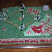 Red Sox Cake Buttercream icing with fondant baseball, diamond, and bases. Sox are colorflow, toppers are Wilton.