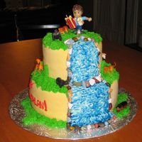 Go Diego Go A 2nd birthday cake for my friend's son. Chocolate cake filled and frosted with BC. Covered in fondant & BC grass and water. Water...