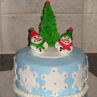 Snowmen & Tree Winter Scene Black magic cake and vanilla SMBC. Covered in mmf. Snowmen are mmf. Tree is a sugar cone covered in crusting bc.