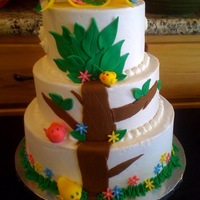 Birdy Cake Three tier with buttercream and fondant accents.