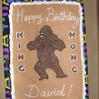King Kong Cake Cake made for a boy's birthday. Half side of cake is chocolate with chocolate fudge filling, other side is vanilla with strawberry...