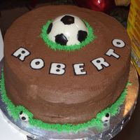 Soccer Cake Chocolate cake with chocolate whipped cream filling and Chocolate BC. Soccer ball is solid white chocolate.