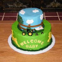 John Deere Baby Shower Thanks to all the inspiration here on CC. 6 & 10 in rounds iced in b/c with fondant accents and a toy tractor