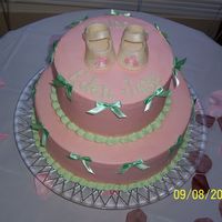 Baby Shower Chocolate with cookies and cream filling and Vanilla bean with strawberry filling, vanilla BC. Bows are real ribbon, shoes are fondant....