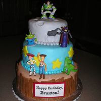 P1010025.jpg Toy Story Cake. 6-8-10 rounds covered with MMF. Toys came from Disney Store. Happy Birthday printed on card stock.