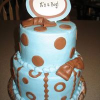 Blue Brown Baby Shower 6-8" rounds. Delphenium/sky blue mix for buttercream. Chocolate MMF... added chocolate pudding mix to it. Was so yummy!!!