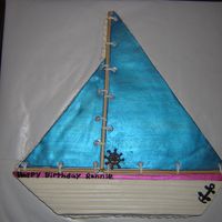 Sailboat Cake 11x15 cut on diag into thirds to make shapes. covered in buttercream and then fondant sails and base and fondant rivets and ropes and cut a...