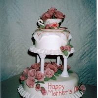 Mom's Tea Cup White cake with strawberry cream filling and covered with fondant. Cup, Saucer, and roses made of fondant. Cup details are painted on....