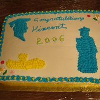 Vincent's Graduation This is a French Vanilla sheetcake iced in buttercream. I used cookie cutter indentations for the head, full graduate & diploma, then...