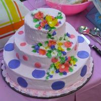 Flowers And Polka Dots This is a yellow cake with buttercream icing. Strawberry preserves are between each layer. The flowers and polka dots are fondant.
