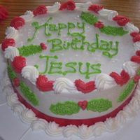 Jesus's Birthday Cake Made for a get together at my granny's. She always wants a birthday cake for Jesus. All bc with ribbon around the base. strawberry...