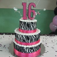 16Th Zebra Birthday Cake 3 tier Zebra cake for my Daughter's 16th B-day... The cake is made with chocolate, strawberry, and vanilla cake and filling in each...