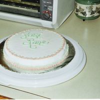 First Cake Ever This is the very first cake I ever did - first night when we learned to do dots and just practice piping letters. I was so proud :)