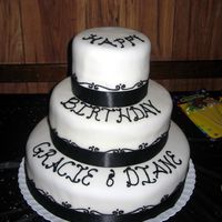 Black & White I made this for my cousin & her friend. Each tier is a different flavor cake and filling. It is covered in fondant. The piping is...