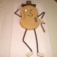 Mr Peanut MADE TWO 9' ROUNDS, CUT SHAPE OF BODY. LEGS AND ARM ARE PRETZEL RODS COVERED WITH MELTED CHOC. HANDS AND FEET ARE NUTTER BUTTER...
