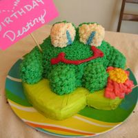 3-D Frog Cake Made from 9in Round (Lilly Pad) and Smallest Pyrex bowl (body) Limbs and eyes are Twinkies.