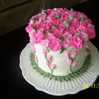 Shabby Chic Birthday Cake All Buttercream (Electric pink and juniper green leaves). I cannot make a rose to save my life! Thought I would try to pipe vines and buds...