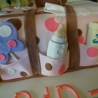 Diaper Bag This was carved from a 12x18 inch cake and covered in pink fondant. The rattle, baby bottle, and shampoo is fondant as well.