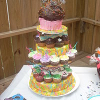 Cupcake Galore Jumbo and reg cupcakes I made for my sisters 30th birthday. Each tier reflected something in her life.