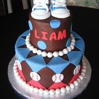 Chicago Cubs Baby Shower Made for a Chicago Cubs themed baby shower. Chocolate Buttercream with fondant accents and gumpaste shoes.