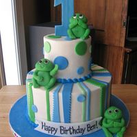 Whimsical Frog Cake 4" + 8" round cakes, frosted in buttercream, MMF frogs and accents. Thanks for looking!