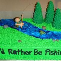 Fly Fishing BC with gumpaste figures. I got lots of inspiration from other fishing cakes on the site. The tree tutorial couldn't have been written...