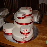 Dscf0004.jpg Round wedding cakes with ribbon and royal icing decoration. Dummy cake covered in fondant for fourth of july wedding