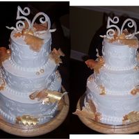 50Th Anniversary BC Anniversary cake (12, 9, and 6) for a party to be held at a ranch cabin. Fondant oak and maple leaves were painted with gold luster dust...