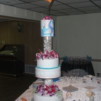 Tropical Elegance My daughter wanted a tropical/art deco type theme. This was as close as I could come. All tiers are different flavors covered in white...