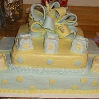 Baby Shower Cake 1st baby shower cake with buttercream icing and fondant bow and accents, let me remind you guys, I've never had a cake class so my...