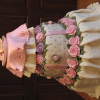 75Th Birthday Cake This cake was for my mom's 75th birthday. 14" bottom layer, white cake with raspberry filling and vanilla icing; 10" middle...