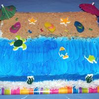 Beach Cake We had a Hawaiian luau for our dogs 4th Birthday party. This is a 13 x 9 chocolate fudge cake with banana flavored buttercream. I used...